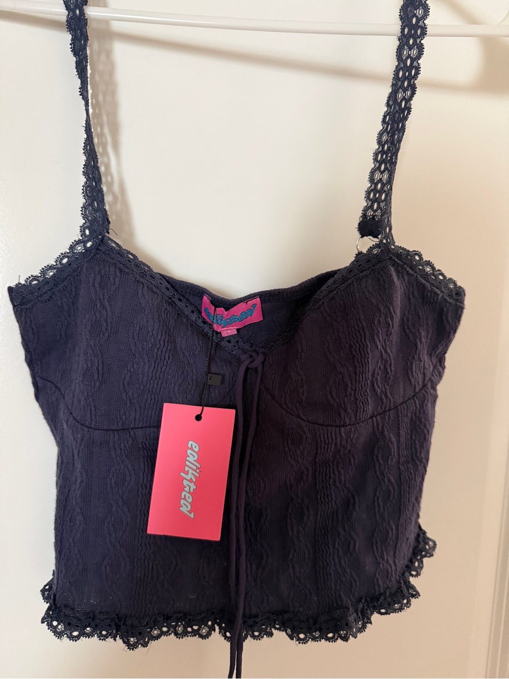 Edikted Navy Lace-Trim Crop Cami with Tie Front